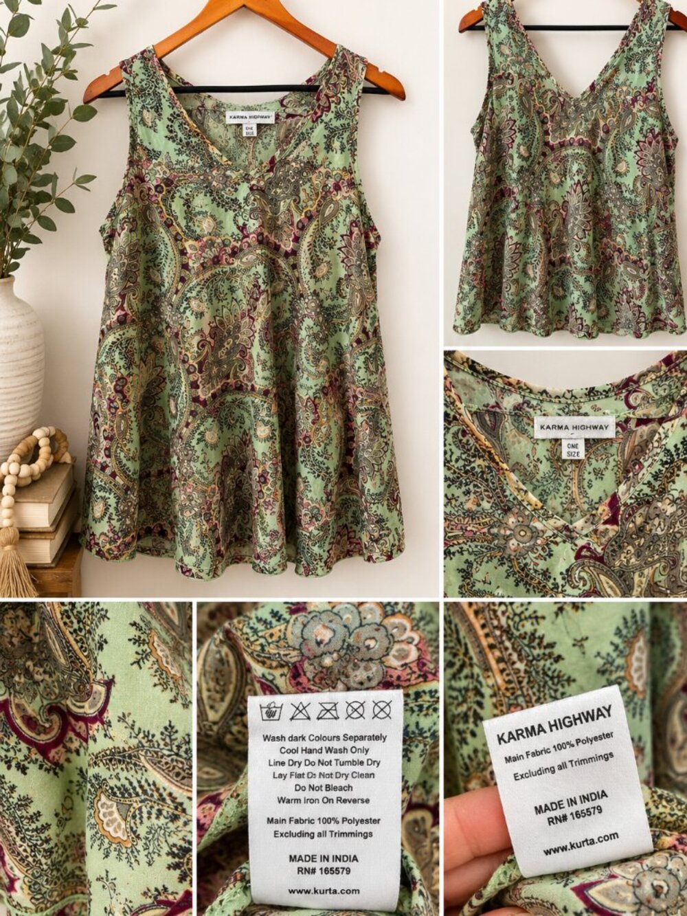 Karma Highway Paisley Swing Tank Top One Size Mint Green Boho